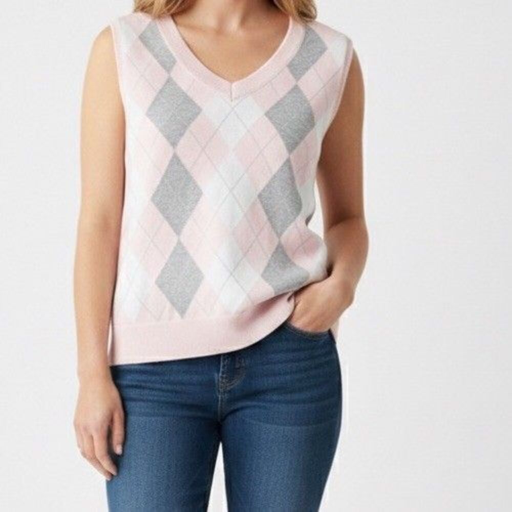 Tommy Hilfiger Women's Sweater Vest Size Small Pink White Soft Light Weight
